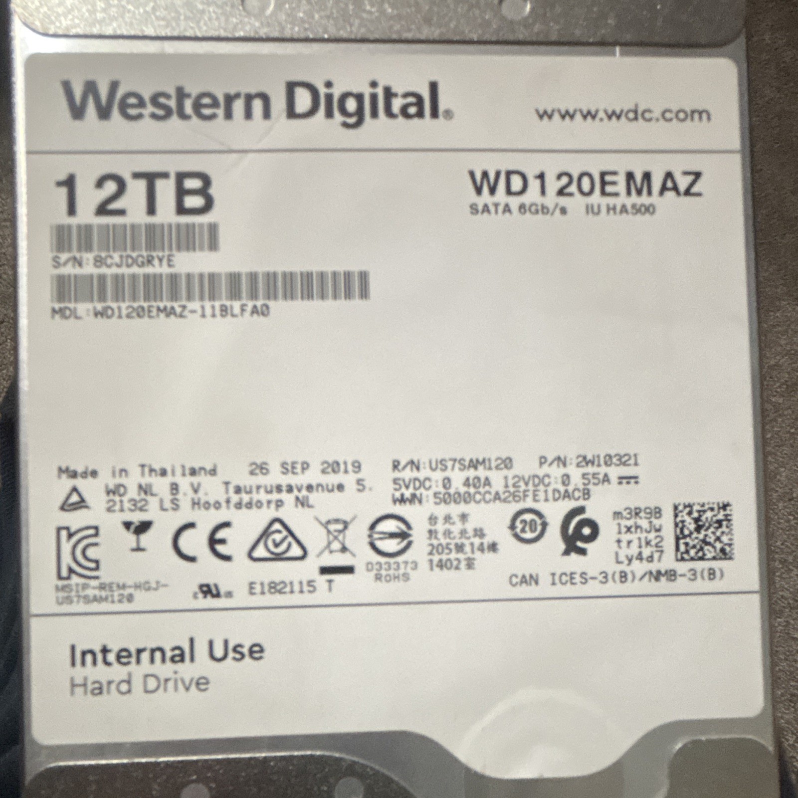 Western Digital 12TB 3.5in SATA III 6Gb/s 5400RPM 256MB WD120EMAZ