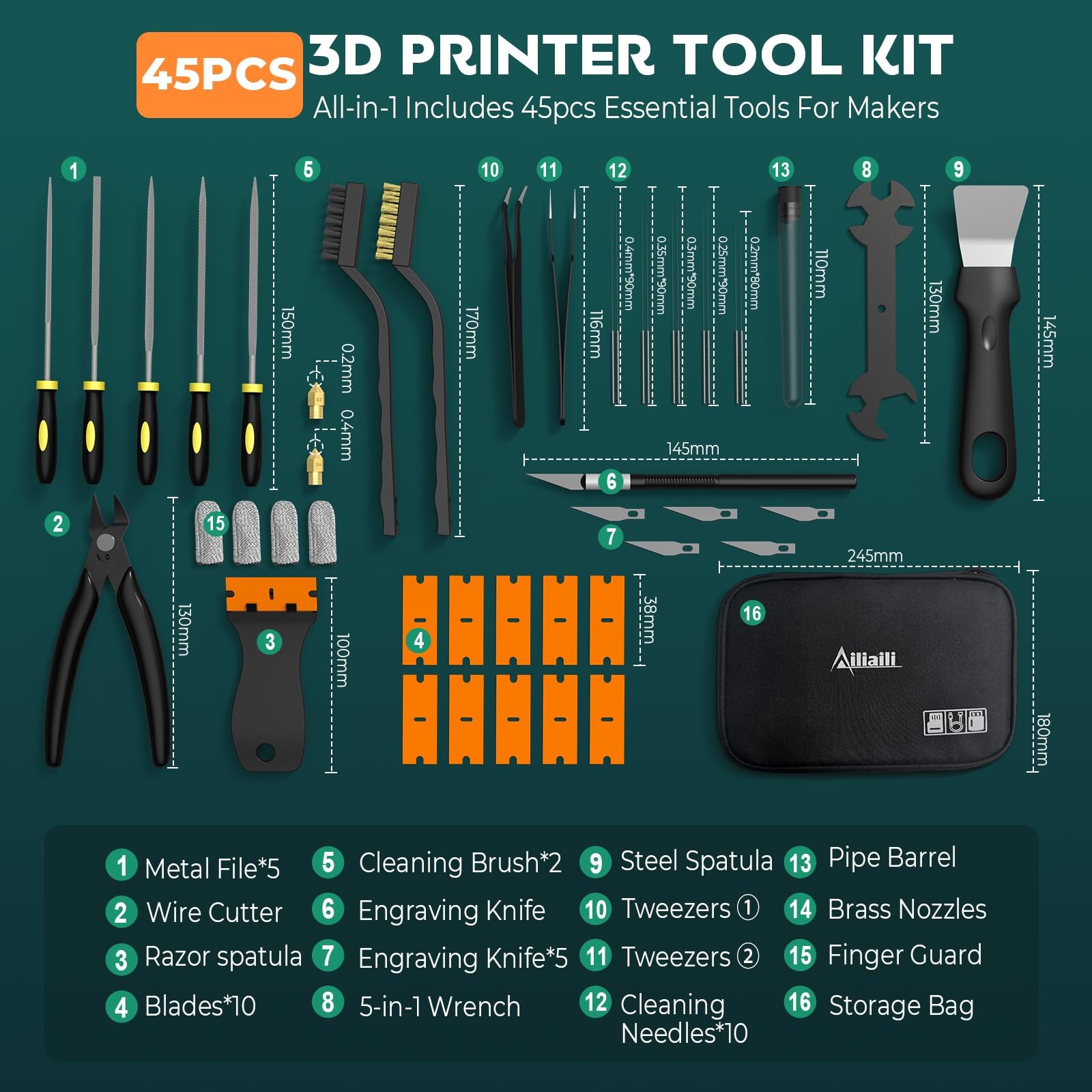 3D Printer Tools Kit 45PCS for FDM/SLA Printer with Nozzle Cleaning & Scraper