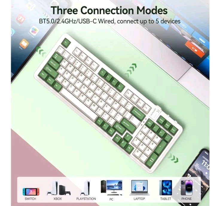 AUSDOM 98Pro Silent Wireless Mechanical Keyboard 3 Mode Hot-swappable WHITE GREE