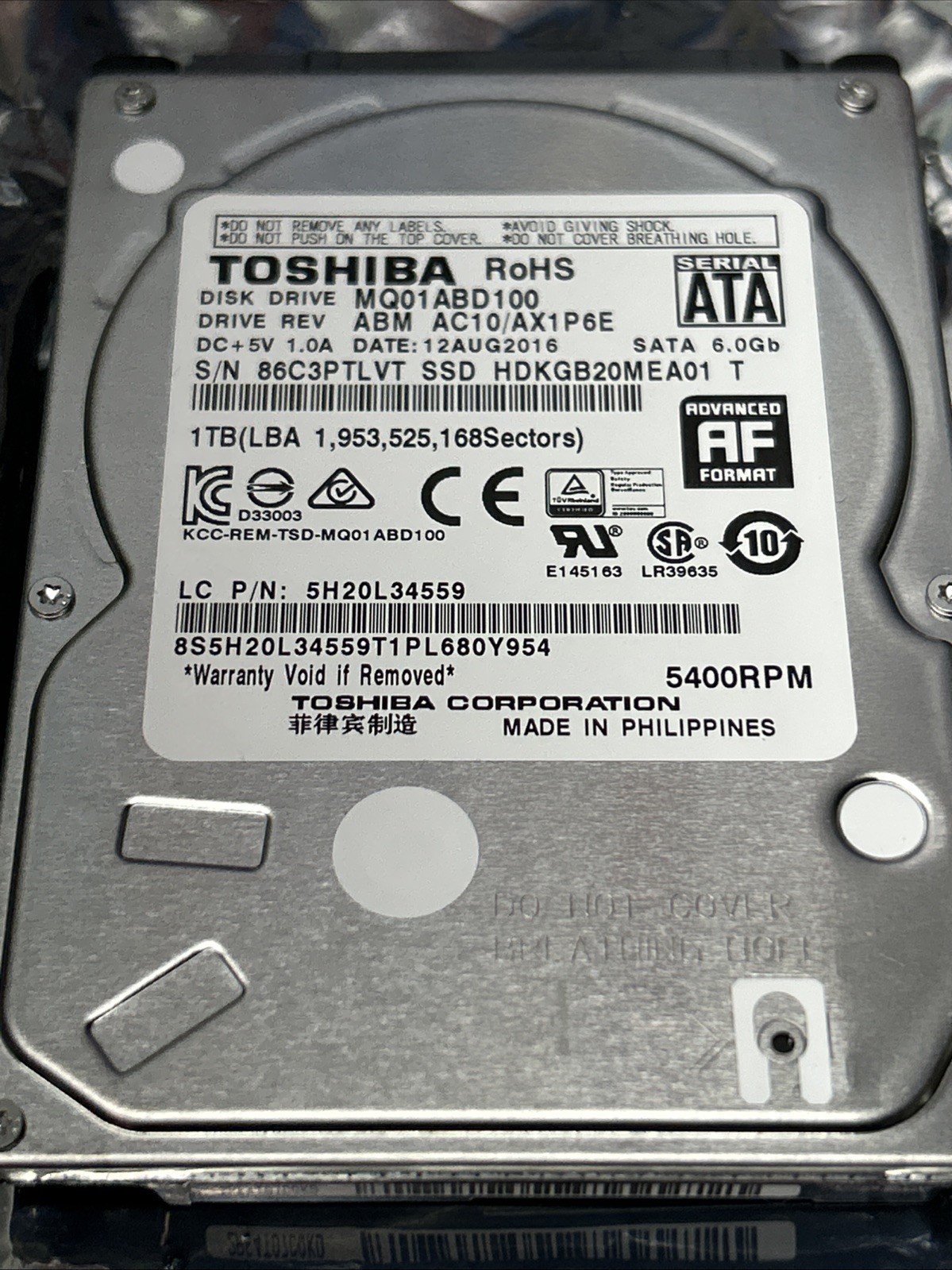 TOSHIBA MQ01ABD100 5400RPM SATA 6.0GB Internal Notebook Hard Drive