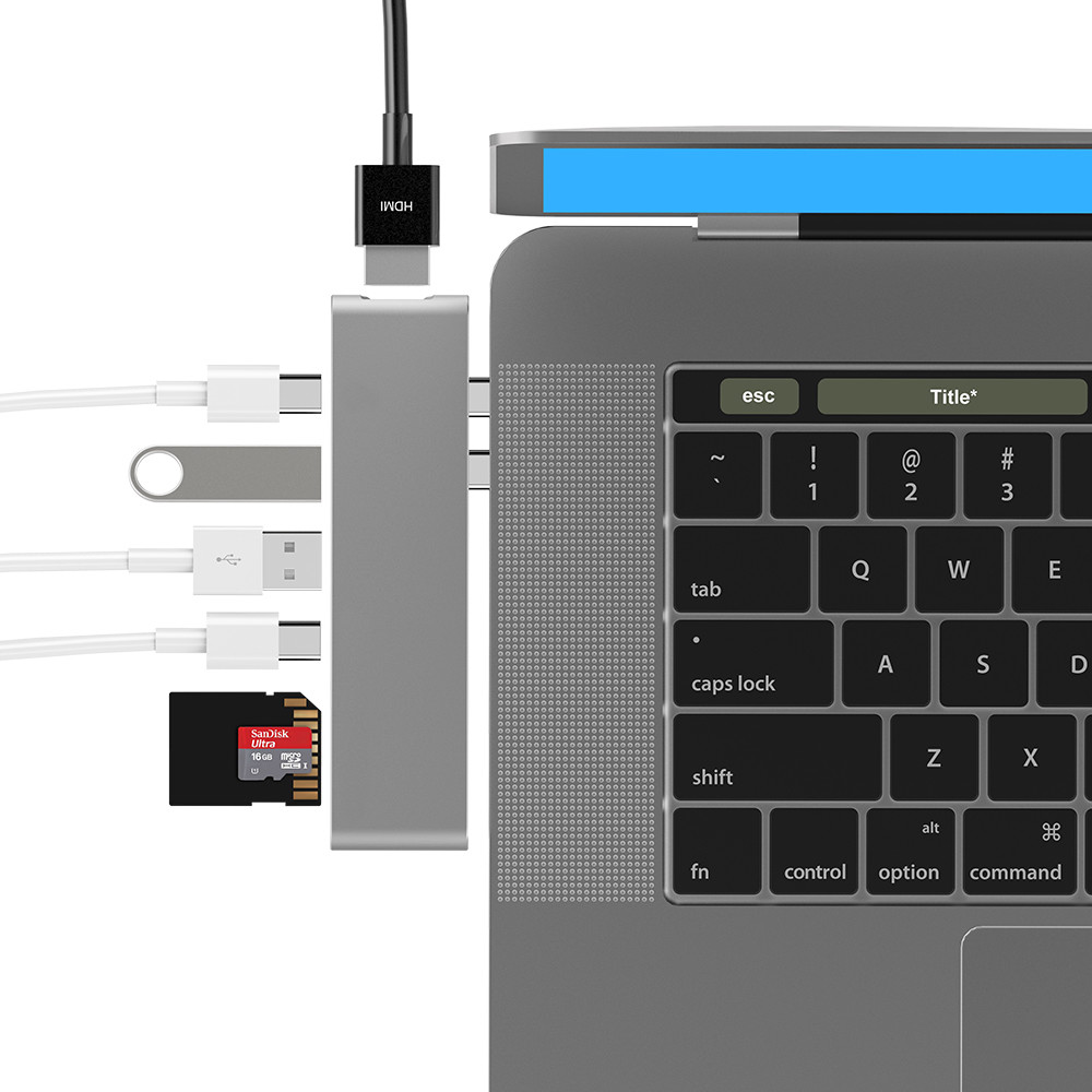 Aluminum USB-C Hub 7-in-1 Adapter w/4K HDMI Card Reader Thunderbolt 3 USB 3.0 PD