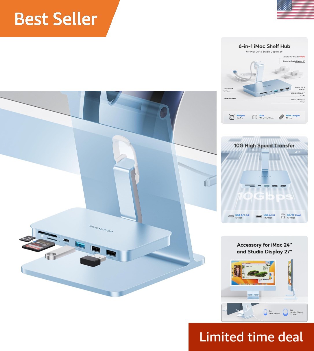 Compact 6 Ports USB C Hub for iMac – 10Gbps Transfer Speed, Plug and Play Design