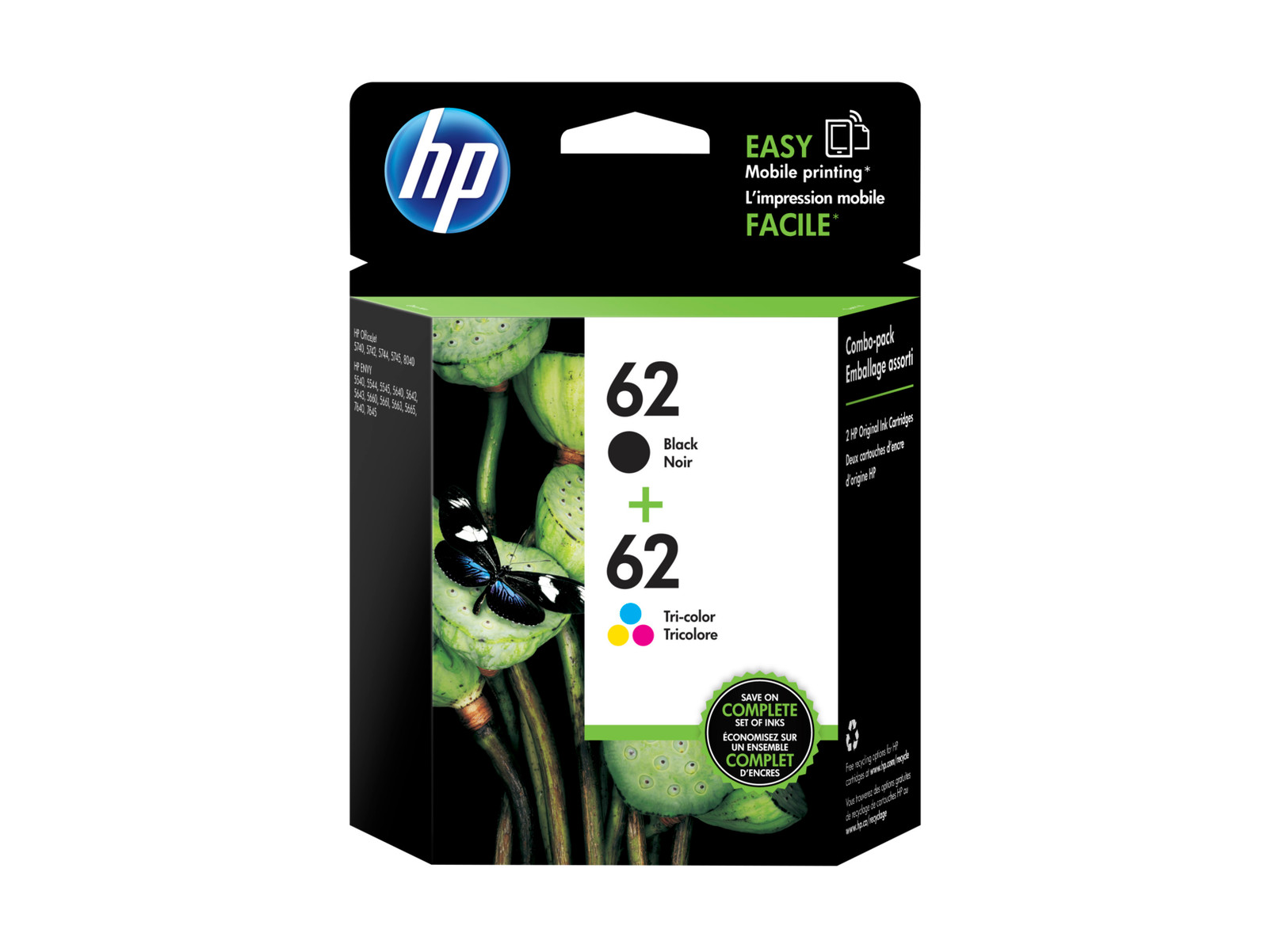HP 62 2-pack Black/Tri-color Original Ink Cartridges, N9H64FN#140