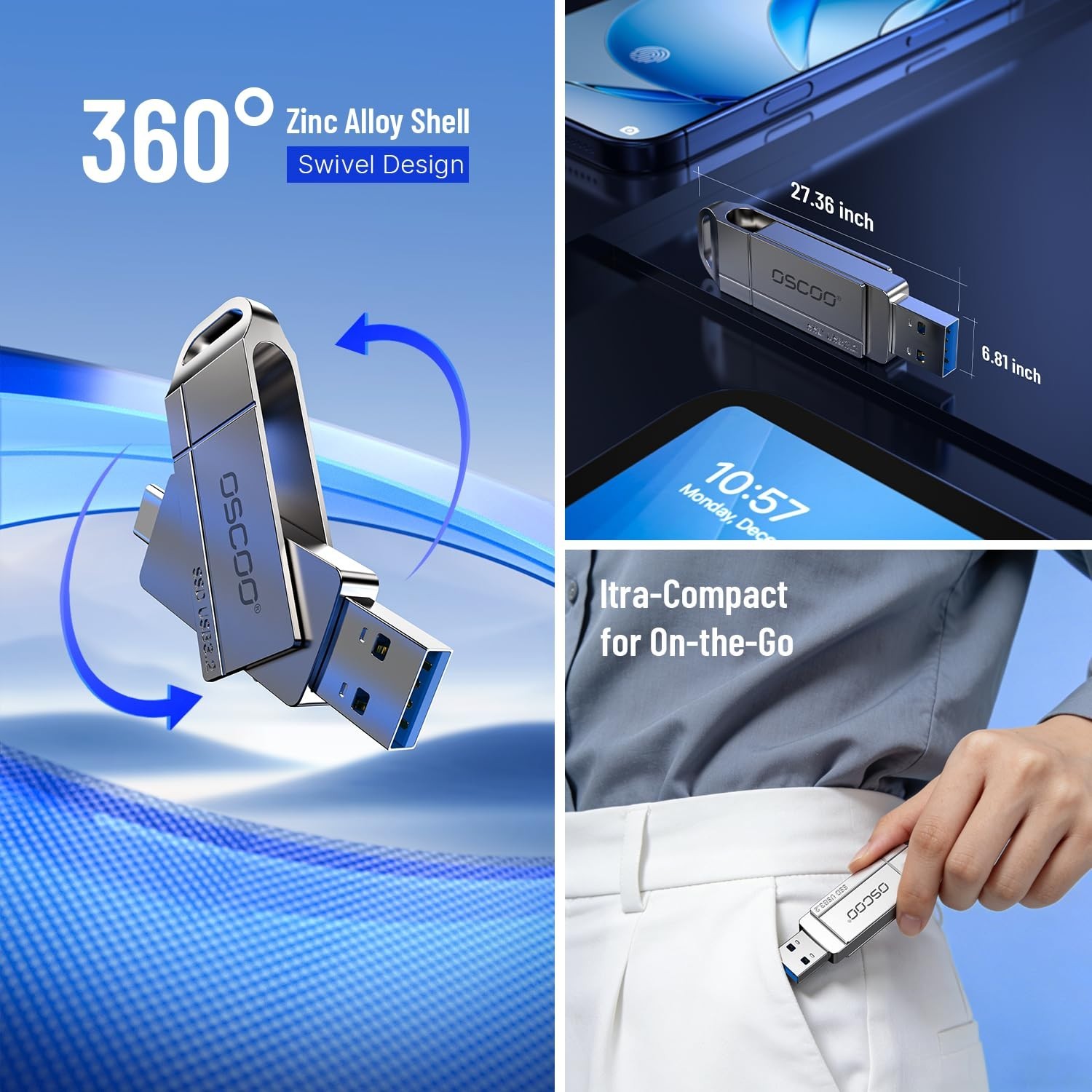 128GB USB 3.2 Flash Drive, 550MB/s Speed, Dual USB-C & USB-A, iPhone & Android B