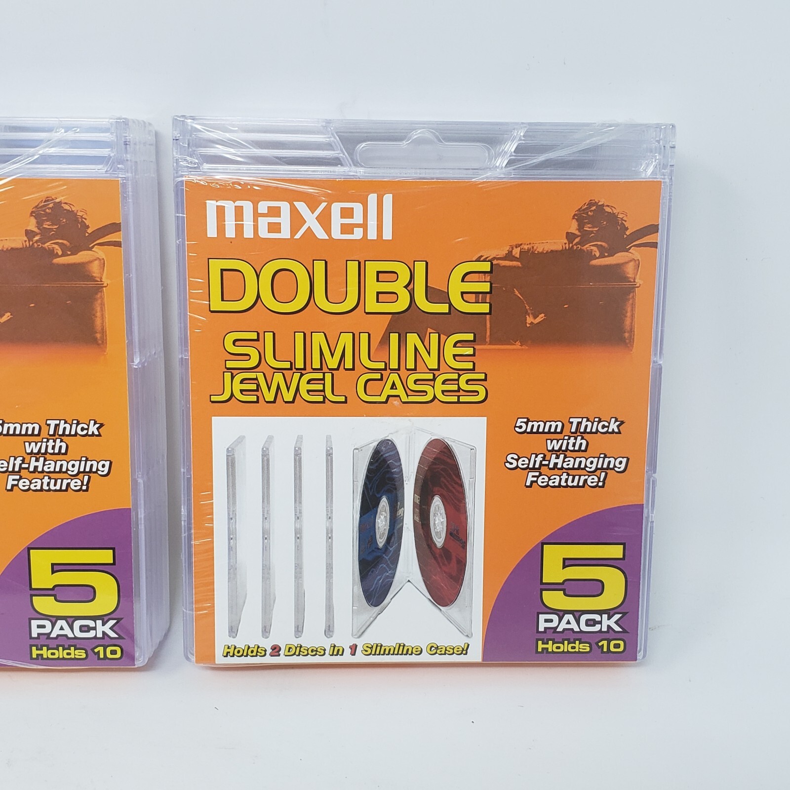 2 Pack MAXELL~DOUBLE~SLIMLINE JEWEL CASE~5 PACK HOLDS 10 DISC~NEW~W/SELF HANG
