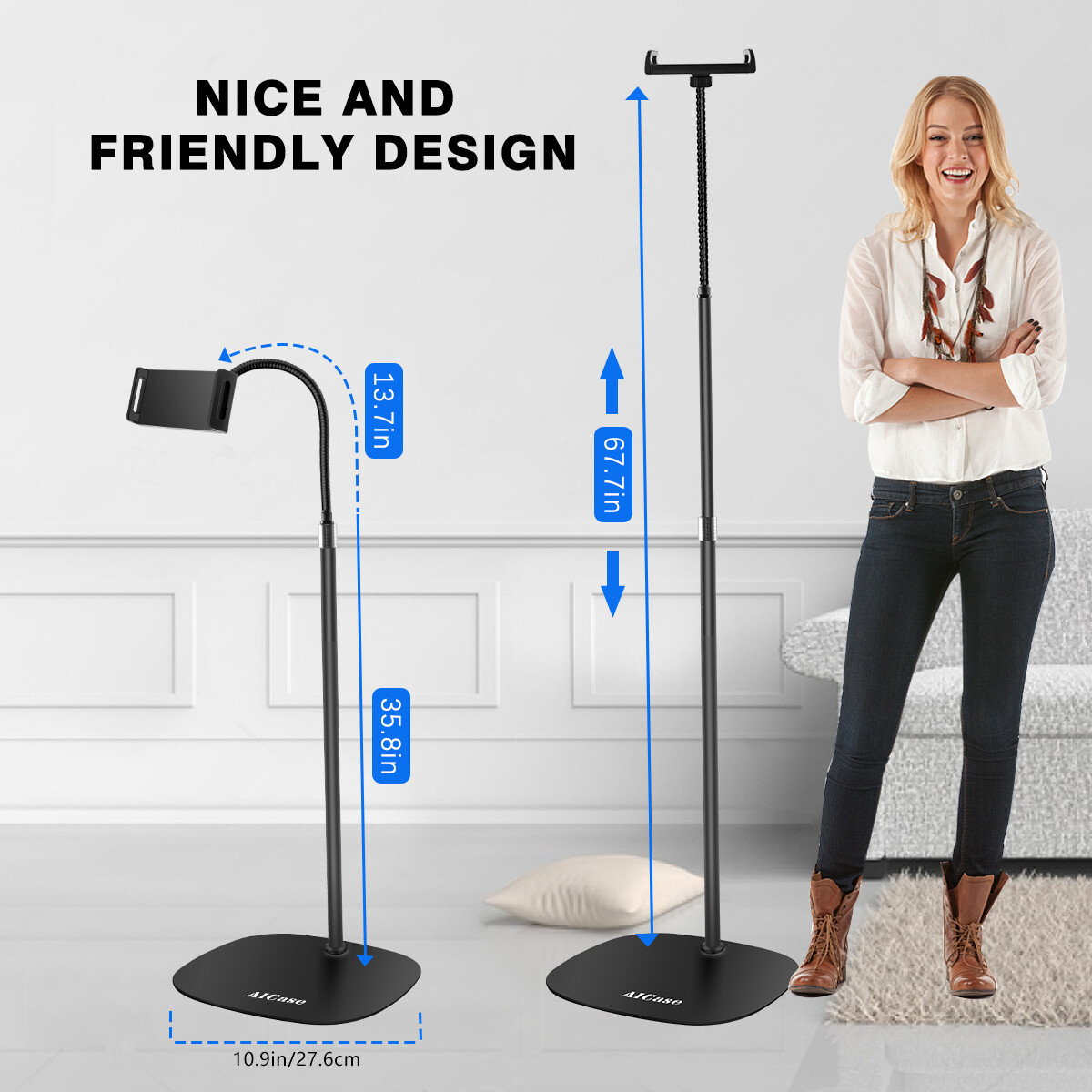 Adjustable Gooseneck Floor Stand iPad iPhone Samsung Tab Aluminum Holder Mount