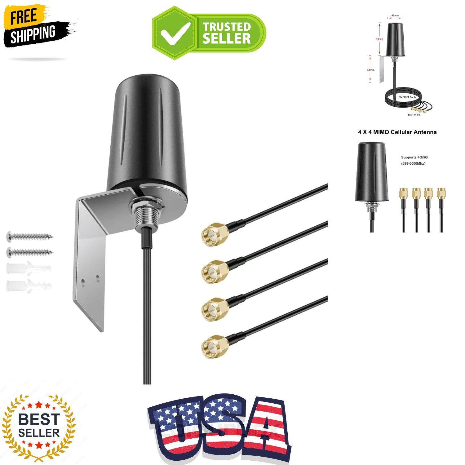 4×4 MIMO Omnidirectional Low Profile Wide-Band 4G LTE 5G External Antenna for…