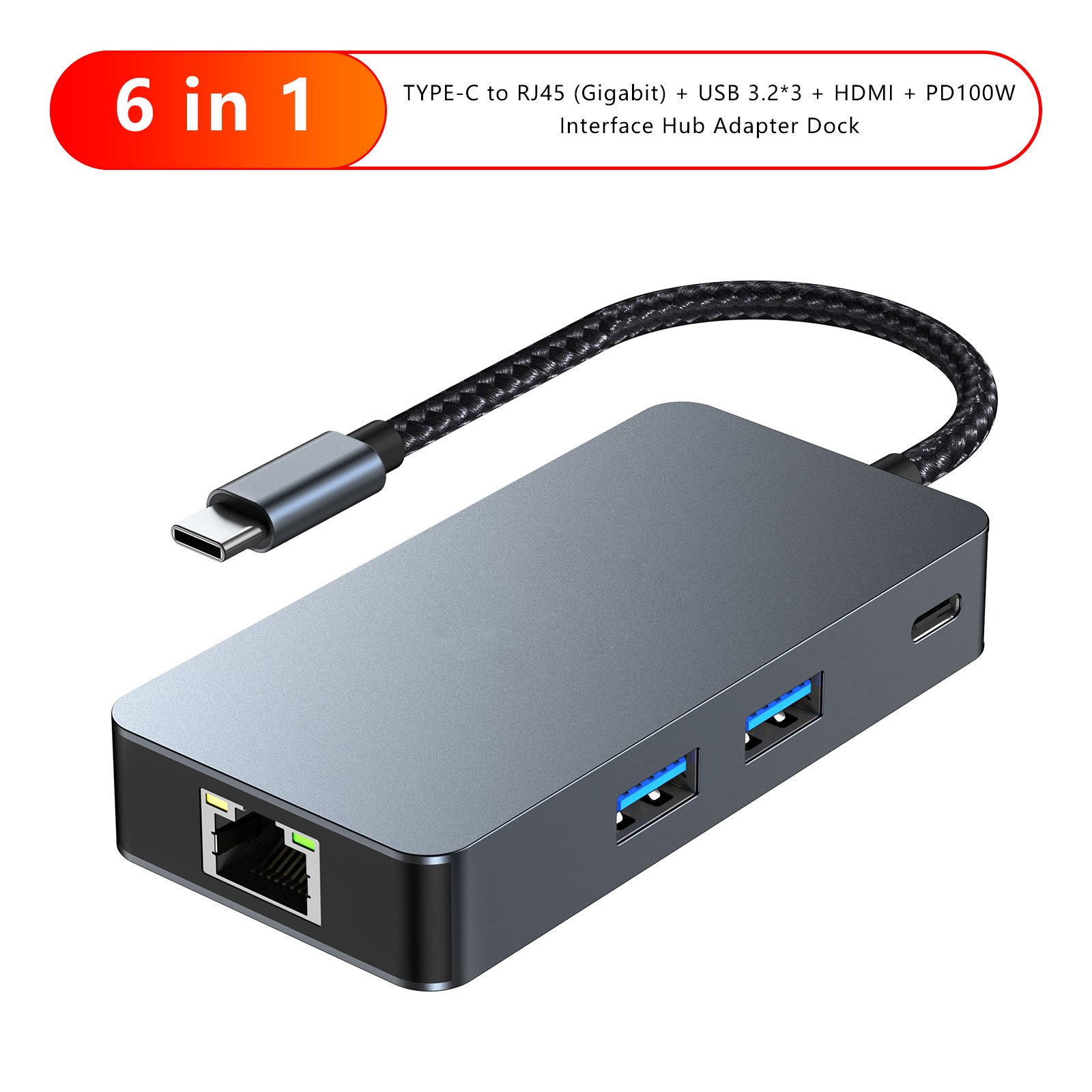 6in1 TYPE-C to RJ45 Gigabit USB 3.2 HDMI PD100W Interface Hub Adapter Dock black