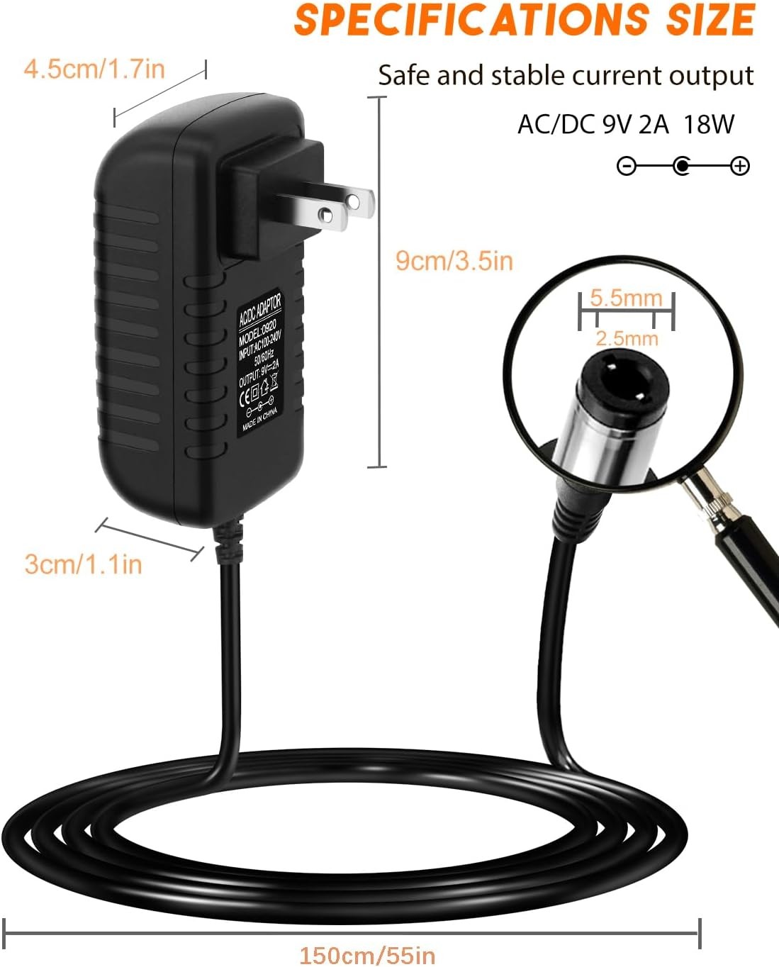 9V 2A Power Supply Adapter AC 110V-240V to DC 9Volt 2A 1.5A 1A 750mA 0.5A Power