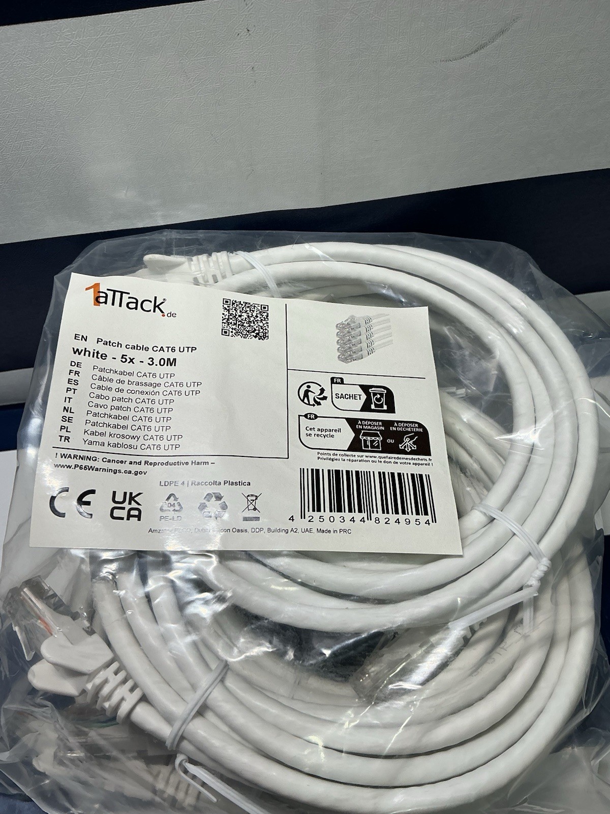 CAT 6 UTP Patch Cable, 5 Pack, White, 3.0M – 9.84 FT, Ethernet/Networking Cable
