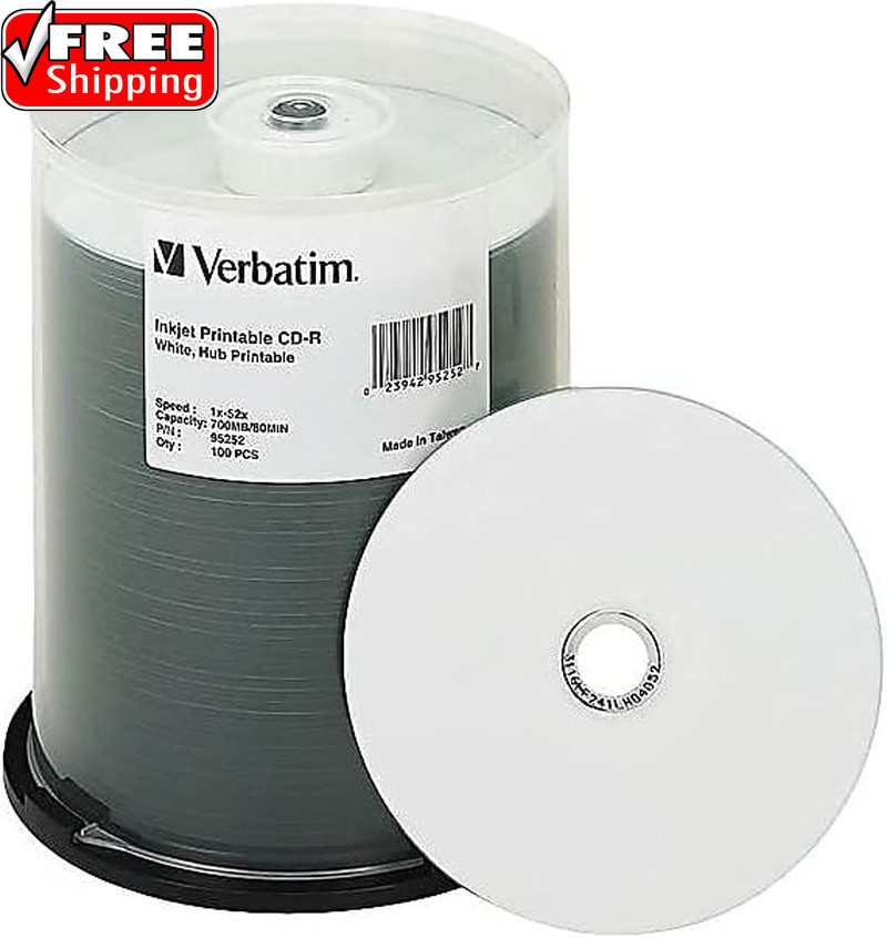 CD-R 700MB 52X White Inkjet Hub Printable Recordable Media Disc – 100Pk Spindle