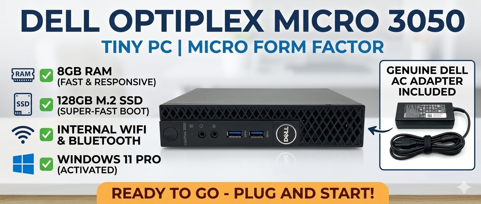 Dell Optiplex 3050 Micro PC Intel i3-7100T 3.4GHz | 8GB RAM 128GB SSD Win 11 Pro