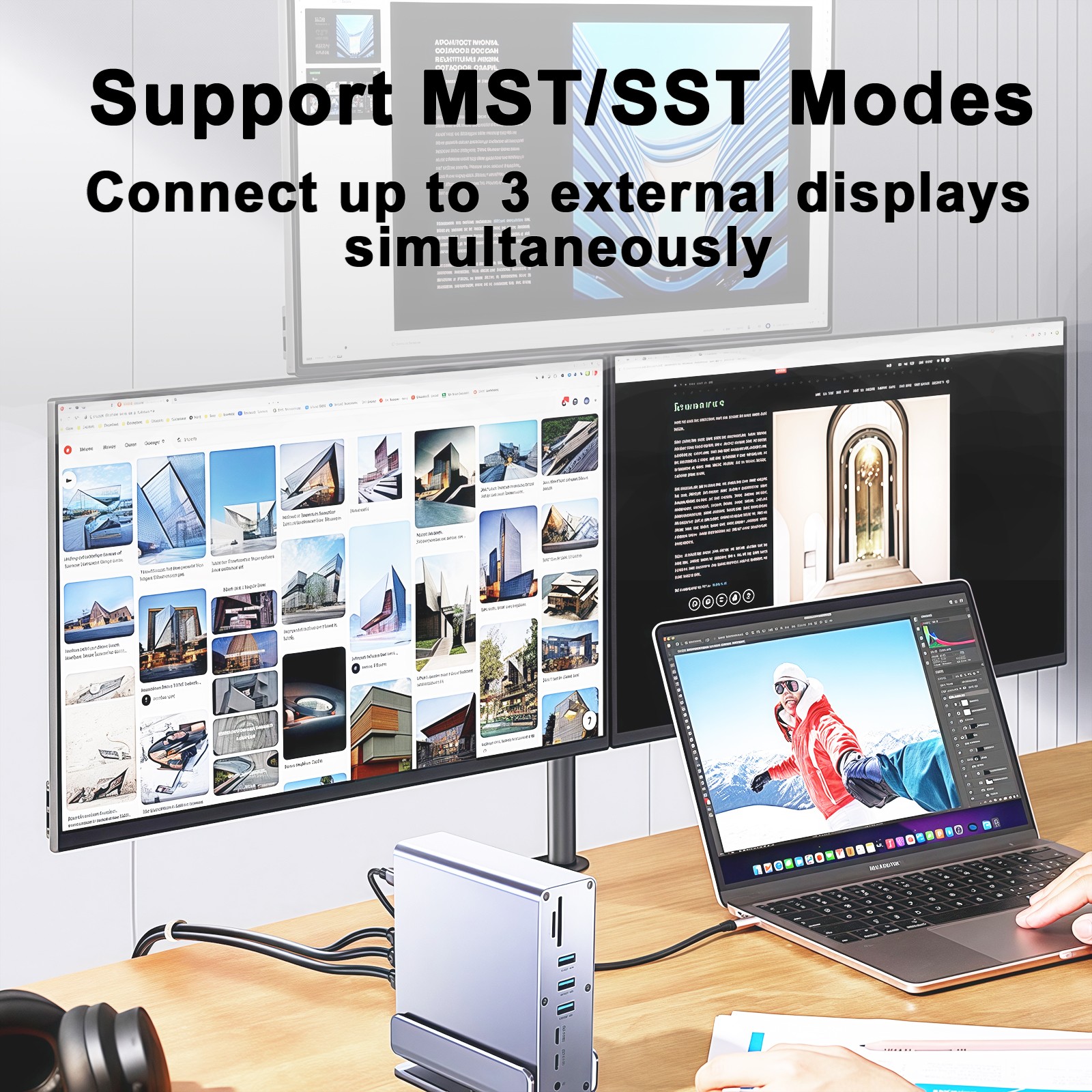 Vertical Type C 3 monitors Docking Station Dual HDMI 4K@60HZ USB 3.2 RJ45 1000M