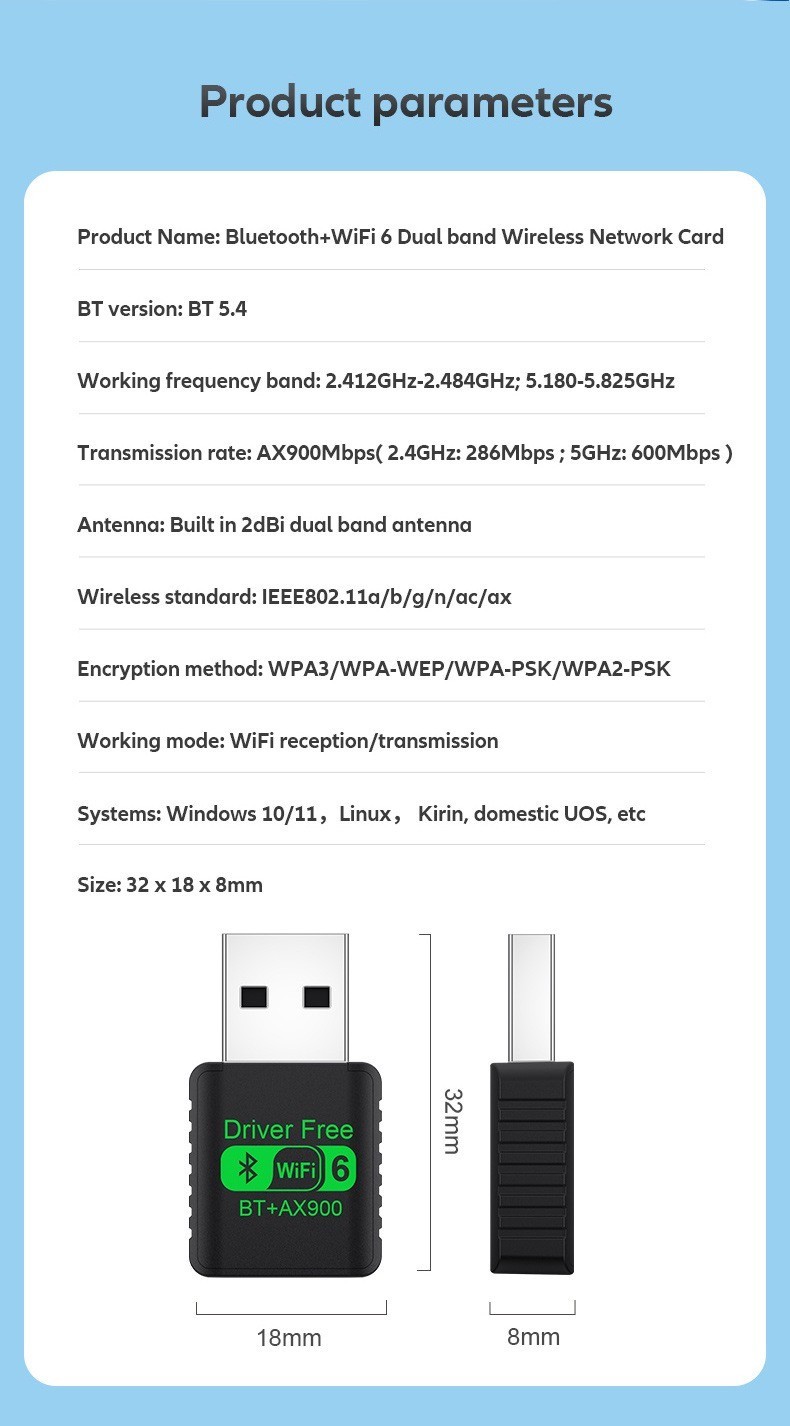 100 x 2in1 AX900 900Mbps Mini USB WiFi6 Wireless + Bluetooth 5.4 Adapter 2.4G 5G