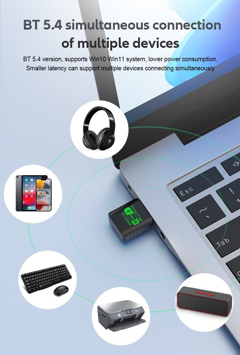 100 x 2in1 AX900 900Mbps Mini USB WiFi6 Wireless + Bluetooth 5.4 Adapter 2.4G 5G