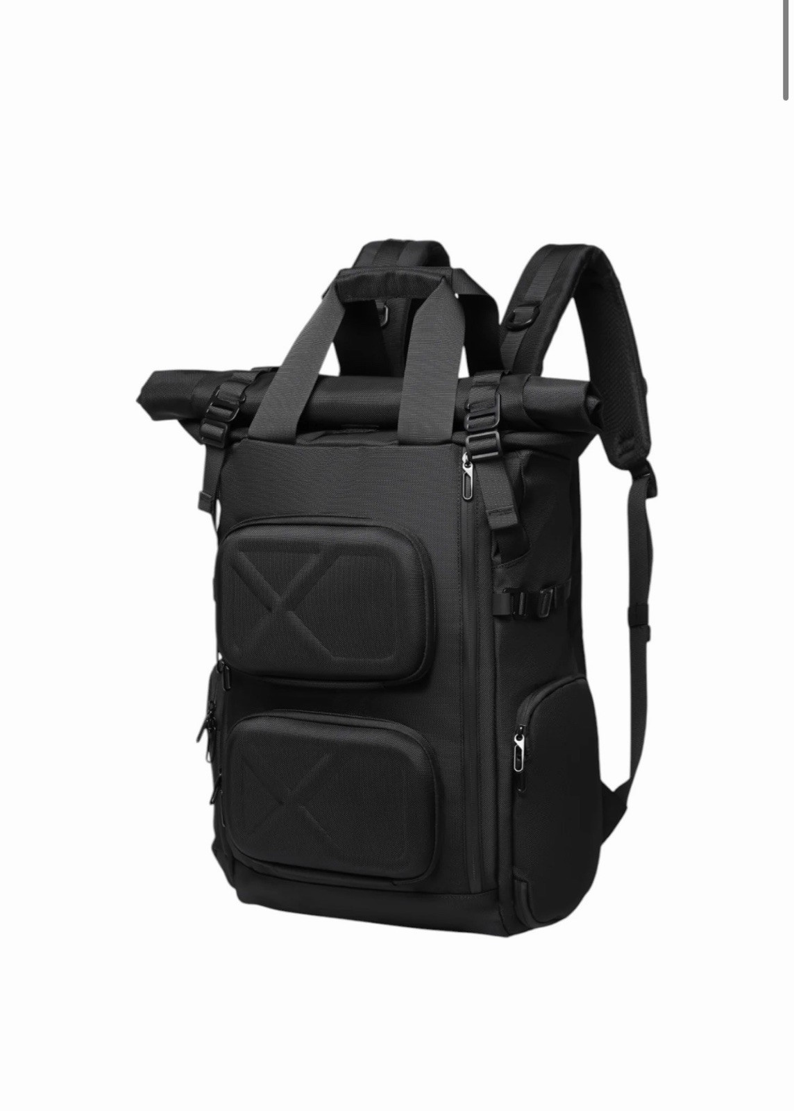 VERIA Black Roll-Top Nylon Laptop Backpack 15in, Padded Straps, Water Resistant
