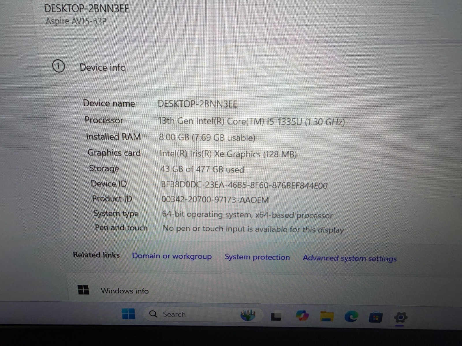 Acer Aspire Vero AV15-53P 15.6″ FHD Intel Core i5-1335U 1.3GHz 8GB RAM 512GB SSD