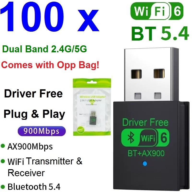 100 x 2in1 AX900 900Mbps Mini USB WiFi6 Wireless + Bluetooth 5.4 Adapter 2.4G 5G