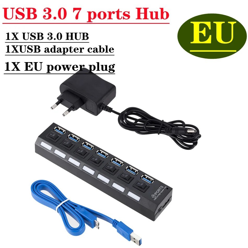 7 Port USB 3.0 Hub Splitter Adapter High Speed Extension For PC Laptop Desktop