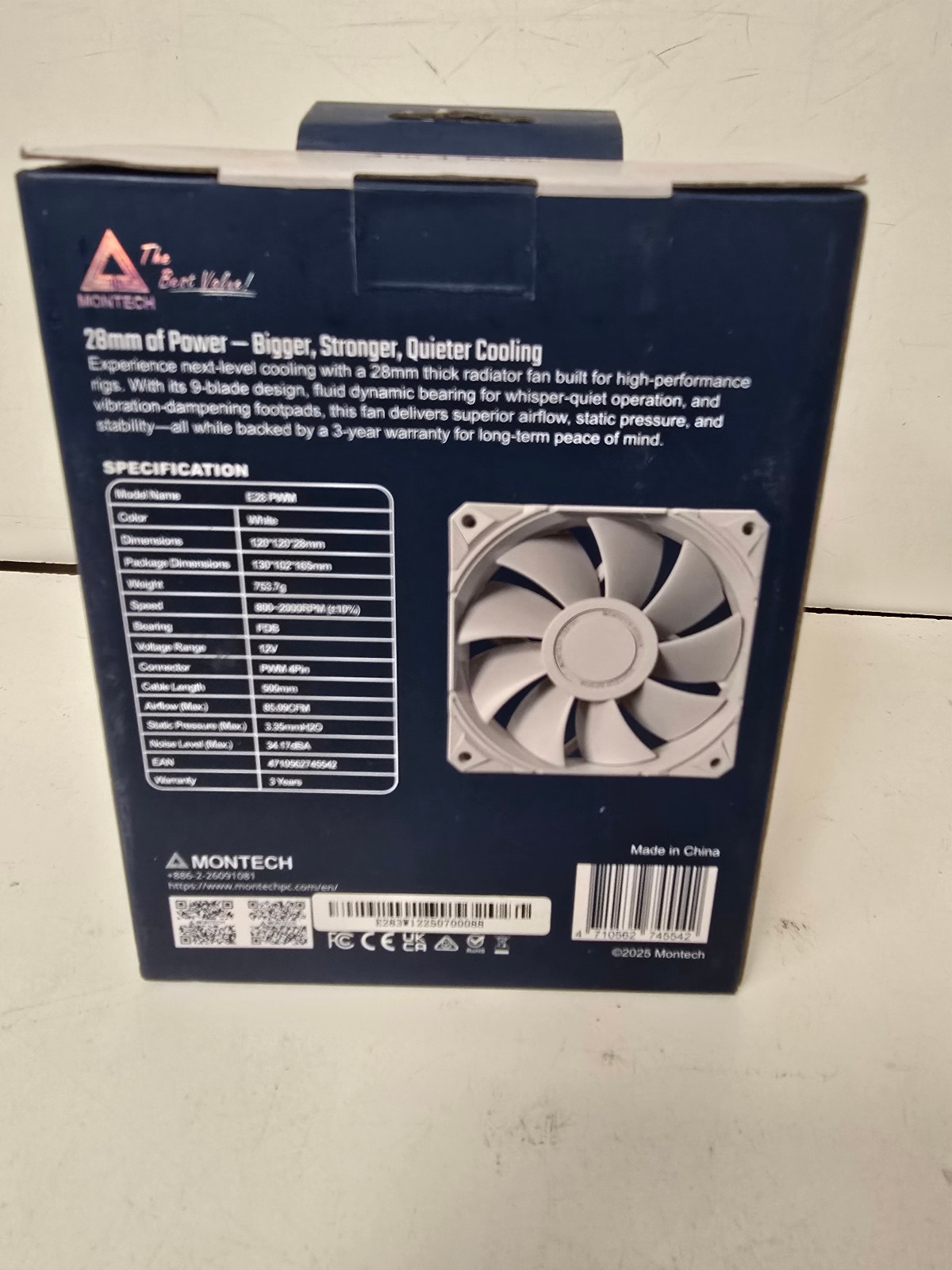 Montech E28 PWM Fluid Dynamic Bearing 120mm Case Fan – White (3 Pack)