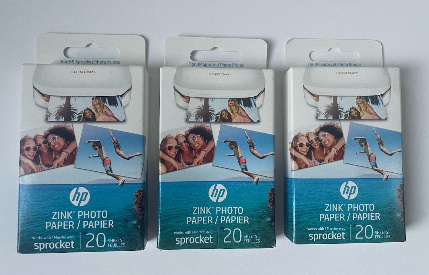 HP Zink Photo Paper 2×3 Sticky Backed – Sprocket Printers 20 Sheets Ea. Lot Of 3