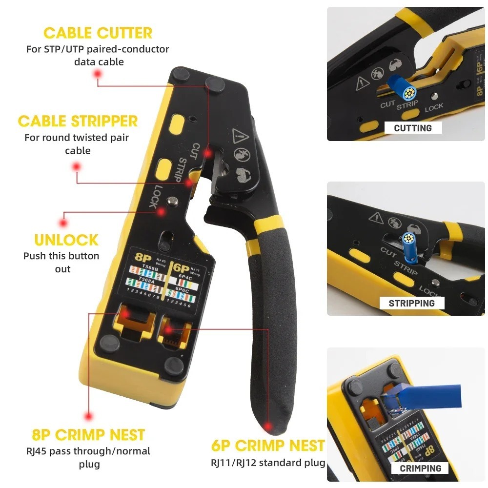 Network Ethernet Crimping Tool, RJ11/RJ12, RJ45 Wire Cutter & Wire Stripper