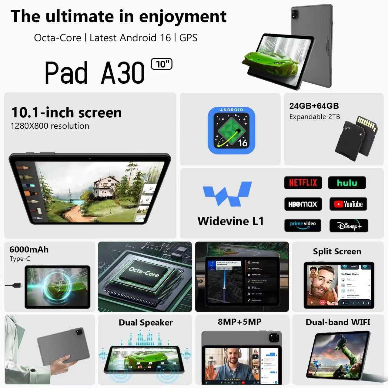 aiprotablet 10″ Android 16 Tablet, Octa-Core, 24GB RAM, 64GB ROM, 2TB Expand