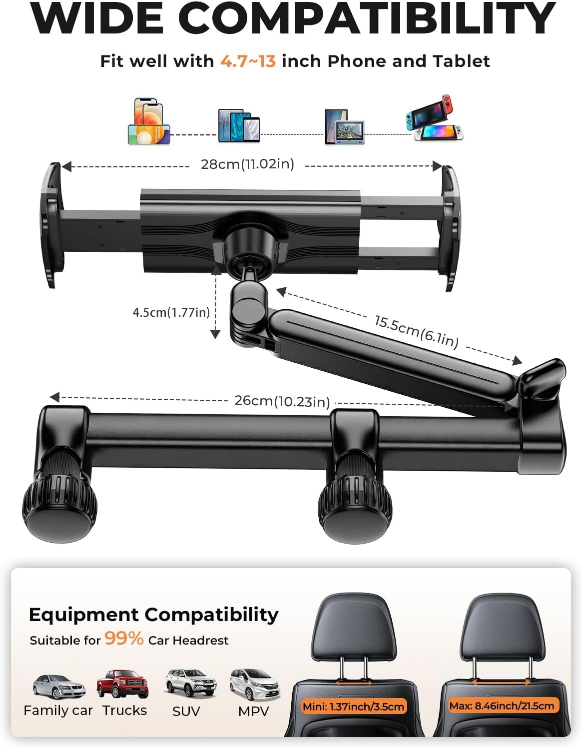 Headrest Tablet Holder for Car Accessories : [18.11-Inch Long Arm] 3-In-1 Backse