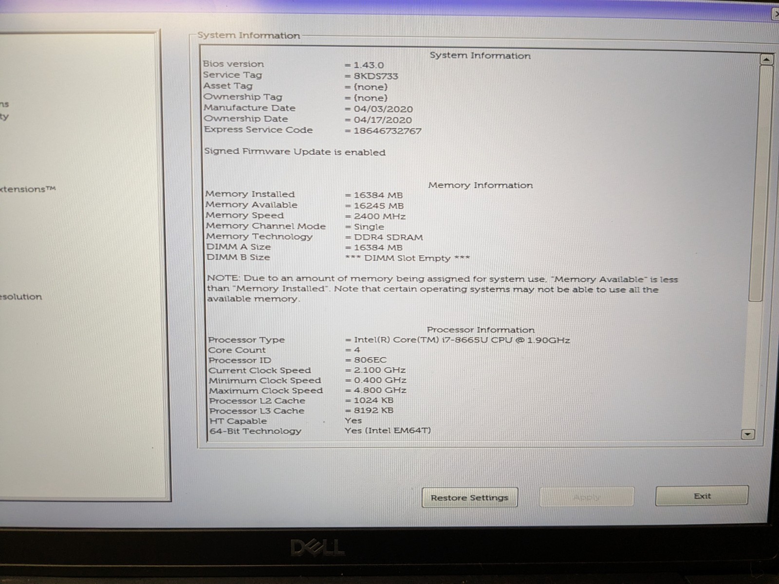 DELL LATITUDE 7400, Intel Core i7-8665U, 1.90 GHz, 16 GB RAM, 512 GB M.2
