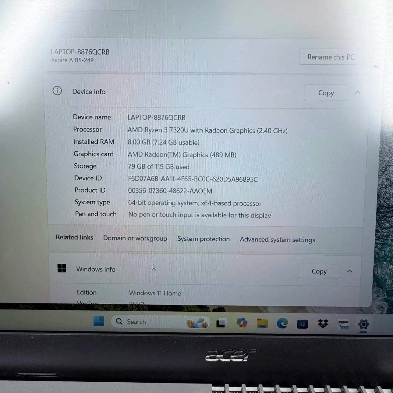 Acer Aspire 3 8876QCRB 15.6″ Ryzen 3 7320U 2.4GHz 8GB RAM 128GB SSD