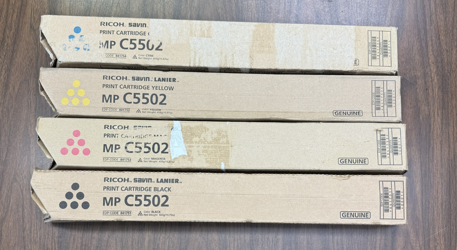 Ricoh MP C5502 Black, Yellow, Magenta, Cyan Toner. New, complete set of 4.