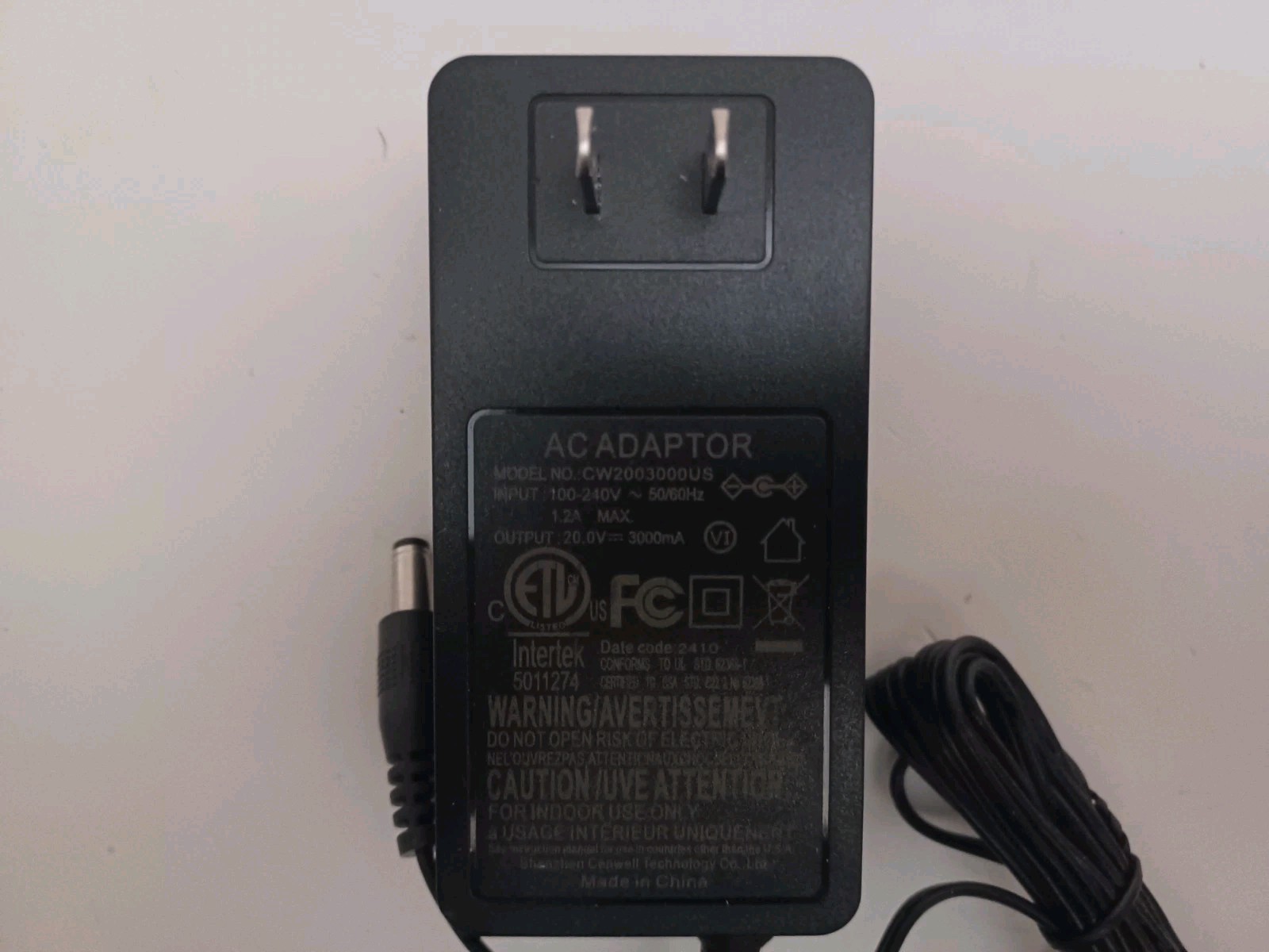 AC Adapter Charger 20.0V 1.2A Model CW2003000US-5 FT