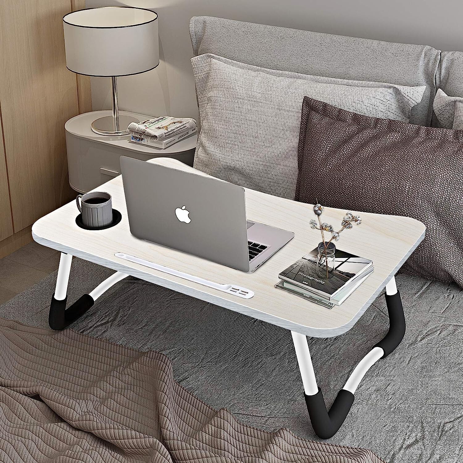 Laptop Bed Desk, Foldable Laptop Lap Desk Tray Table with USB Charge Port, White
