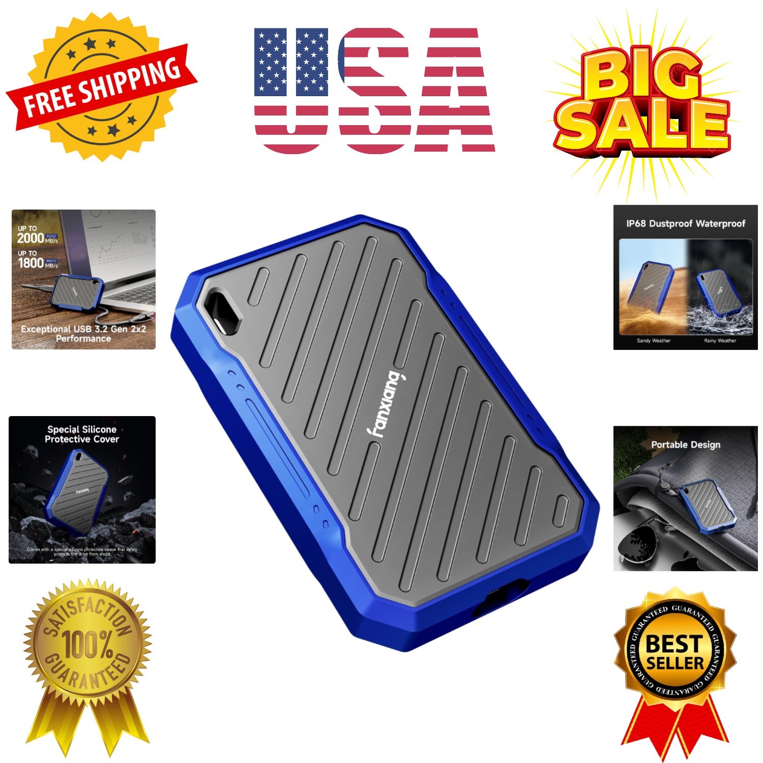 2TB External Portable SSD, Up to 2000MB/s USB 3.2 Gen2*2, Water and Dust Res…