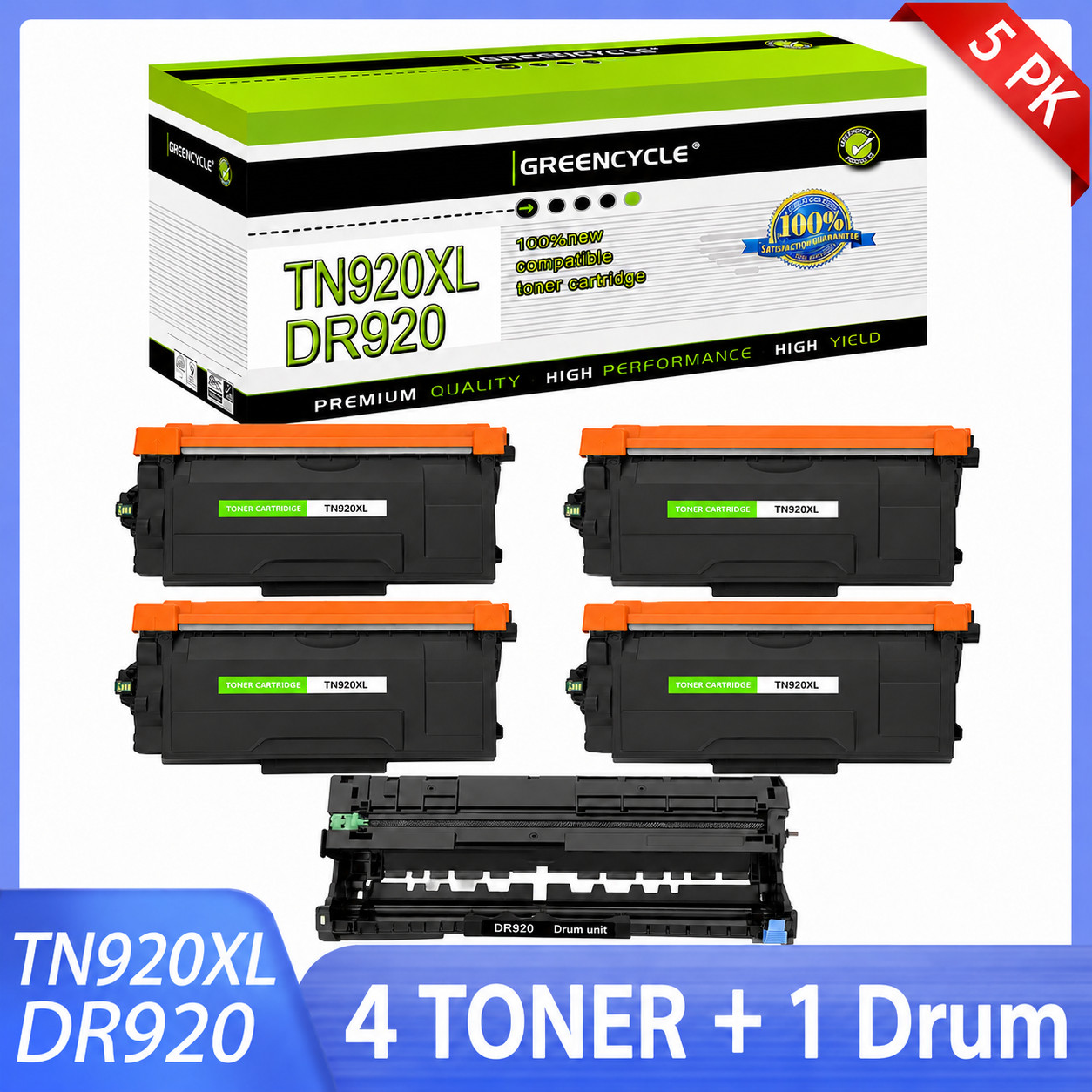 4PK TN920XL Toner +1* DR920 Drum Compatible for Brother HL-L5210DW L6210DW