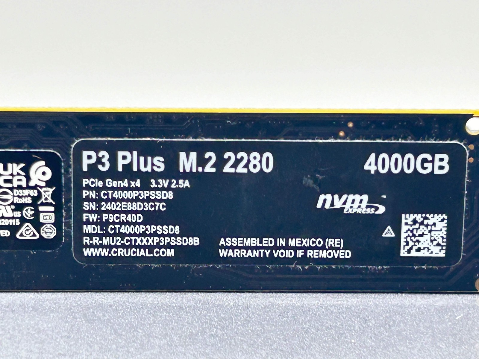 Crucial P3 Plus (CT4000P3PSSD8) 4000GB (4TB) NVMe M.2 2280 SSD – 63% Health