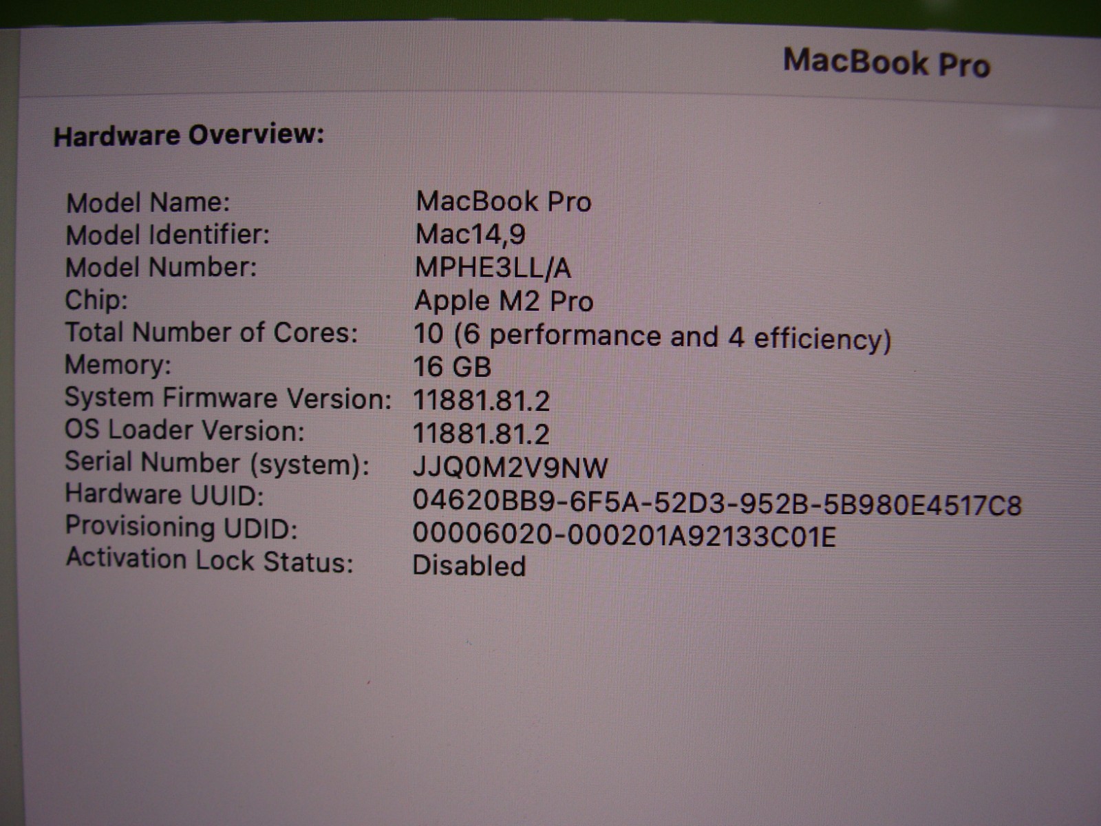 Apple Macbook Pro 14″2023 A2779 M2 Pro 10CPU/16GPU 3.49GHz 16GB 512GB OS Sequoia