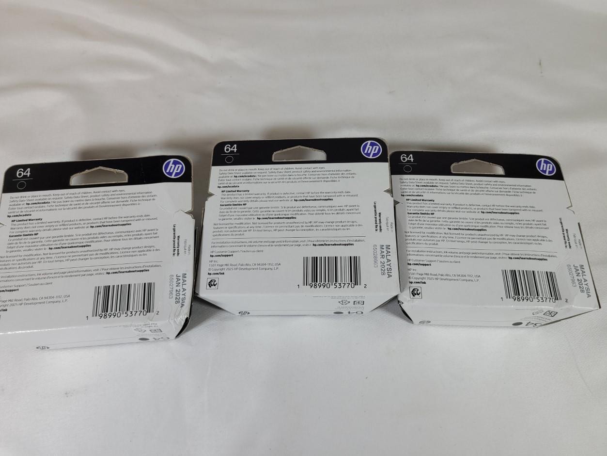 HP 64 Printer Ink BLACK Lot of 3 Boxes N9J90AN