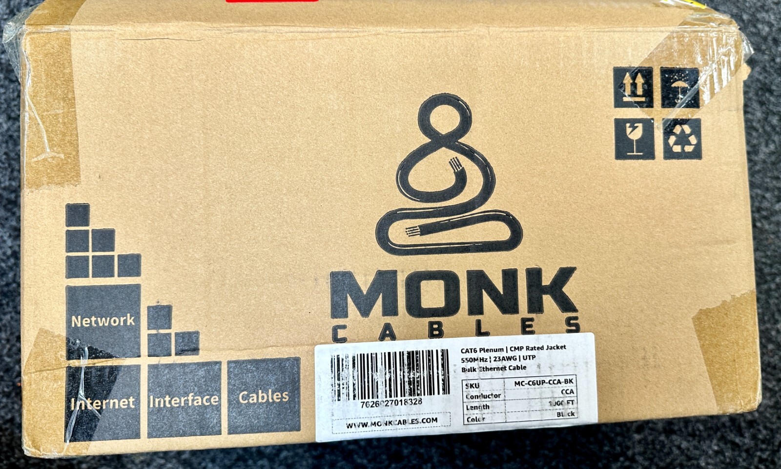 Monk Cables CAT6 Plenum 1000Ft Black 23AWG Bulk Ethernet Cable