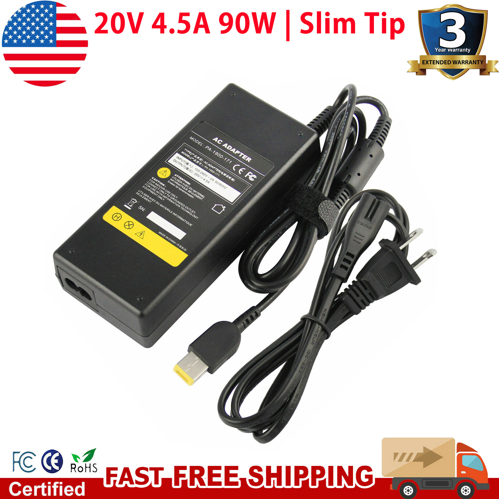90W 20V 4.5A AC Adapter Laptop Charger for Lenovo Square / Slim Tip Power Supply