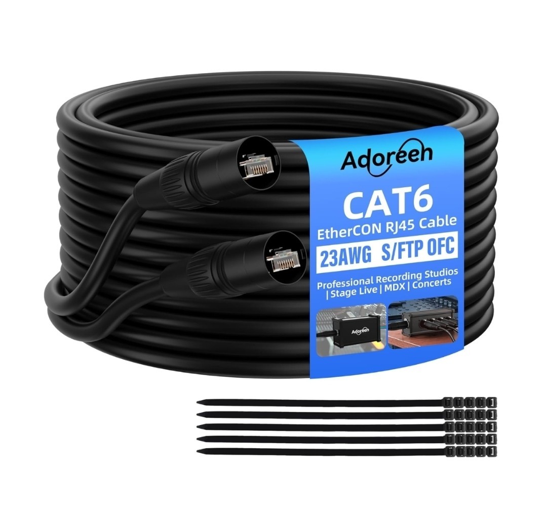 Adoreen CAT6 Shielded EtherCON RJ45 Cable OFC Digital Pro Audio Black 20ft