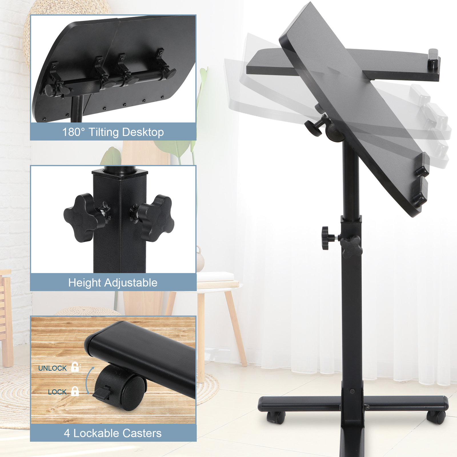Adjustable Laptop Notebook Rolling Table Desk Stand Overbed Tiltable Tabletop