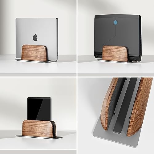 Vertical Laptop Stand Adjustable Width 0.79 to 1.42 Inch Walnut Wood Aluminum