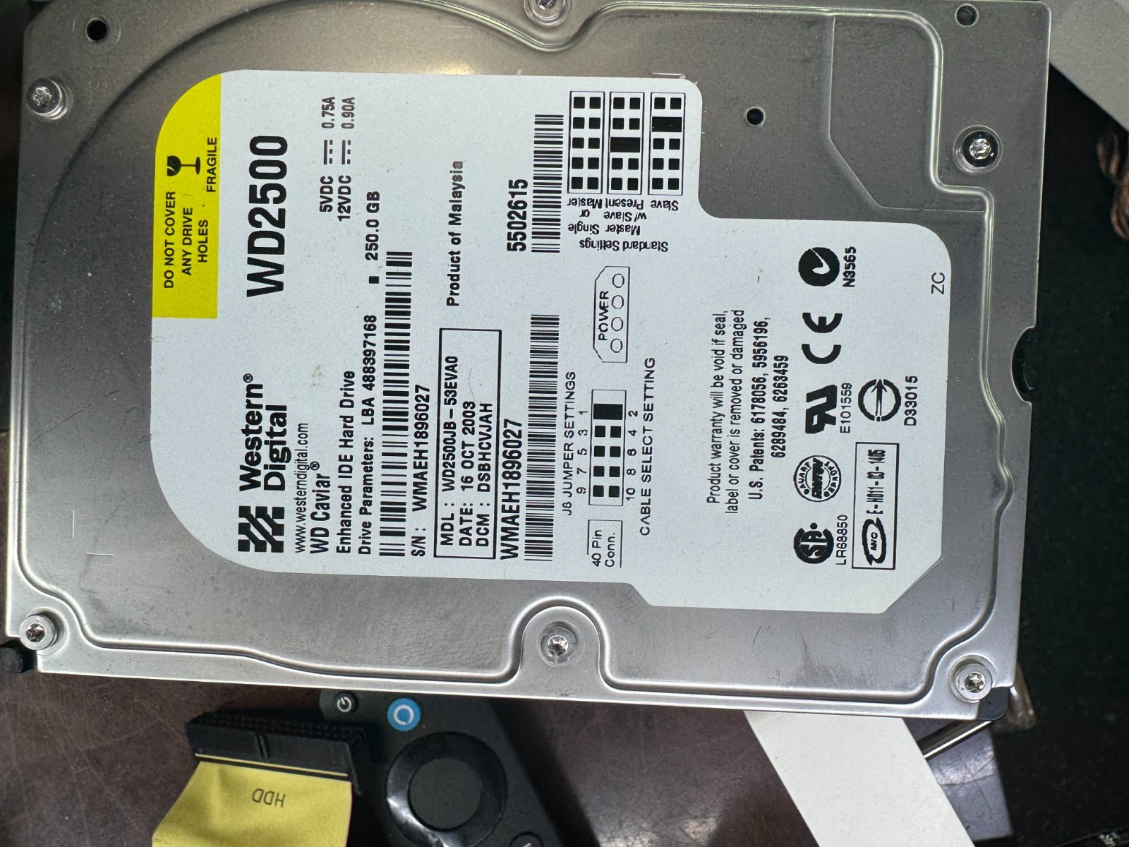 WESTERN DIGITAL WD2500JB-00FUA0 IDE HARD DRIVE, WD CAVIAR, 250GB, WD2500