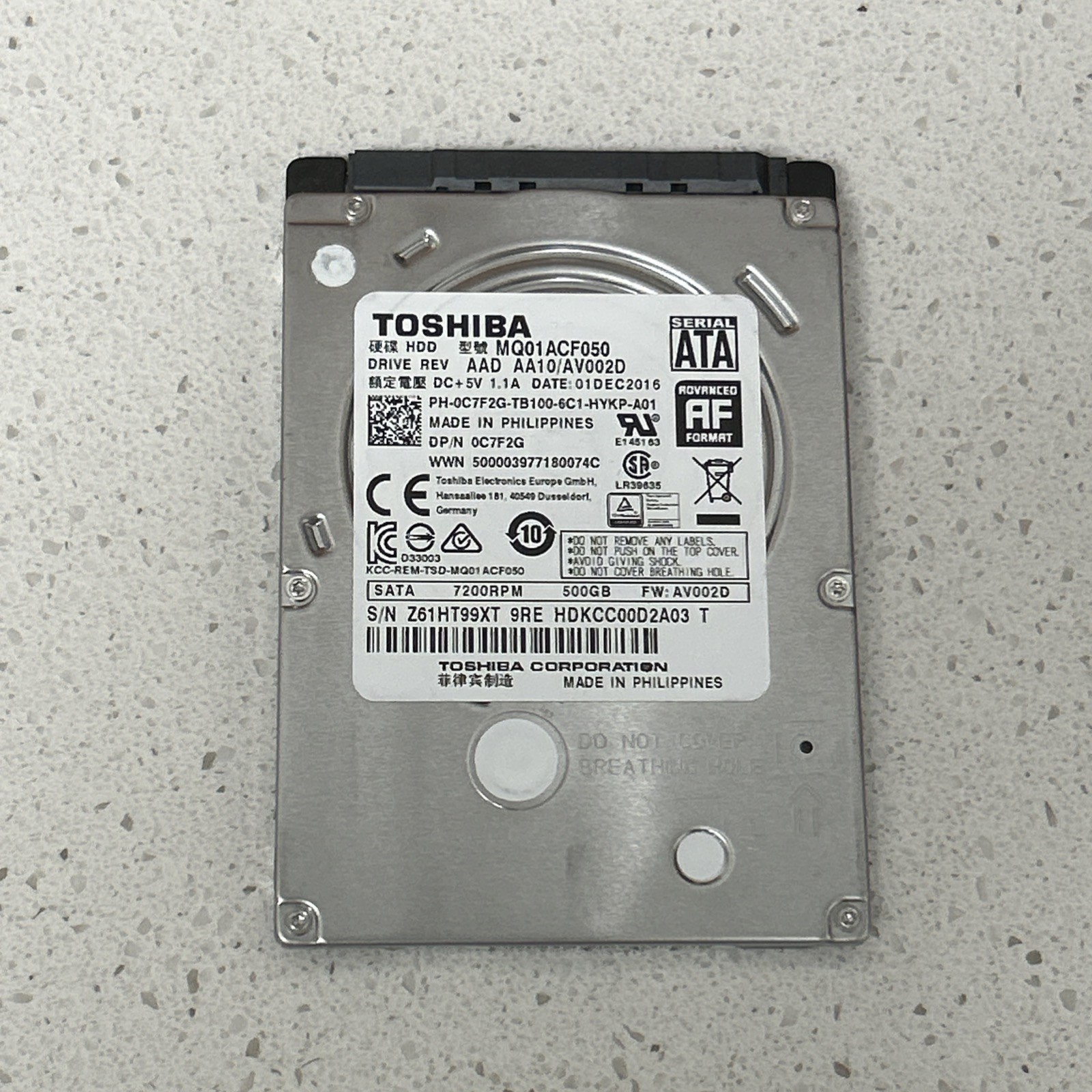 Toshiba C7F2G 500.0GB 7.2K SATA 2.5 6GBps Hard Drive 0C7F2G
