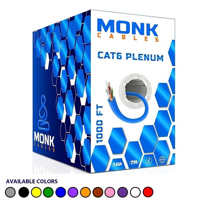 Monk Cables Cat6 Plenum CMP Rated Jacket 1000ft UTP 550MHz 23AWG Ethernet Blue
