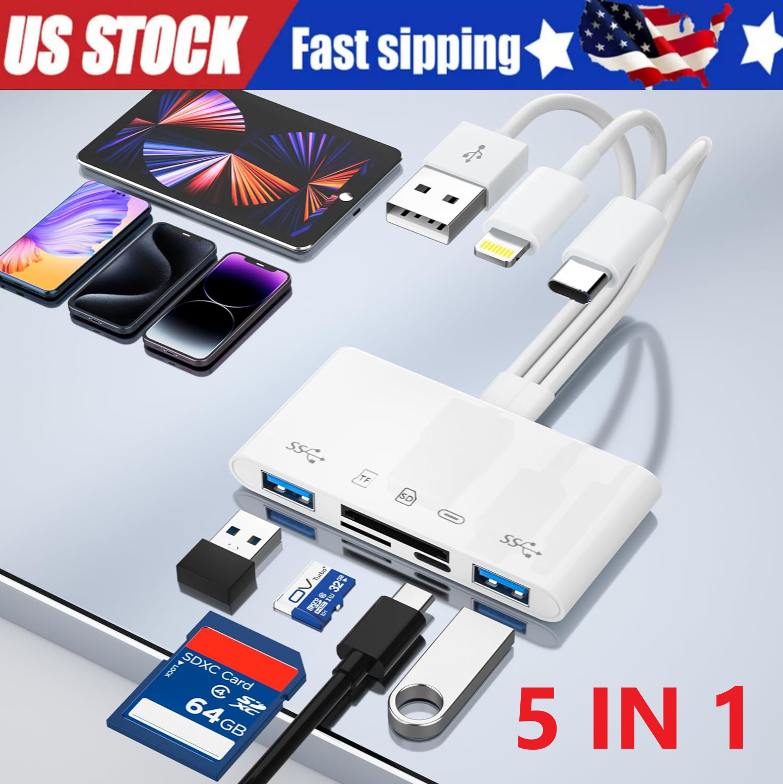 5 in 1 Memory Card Reader USB 3.0 OTG Adapter SD Card Reader For iPhone/iPad LOT
