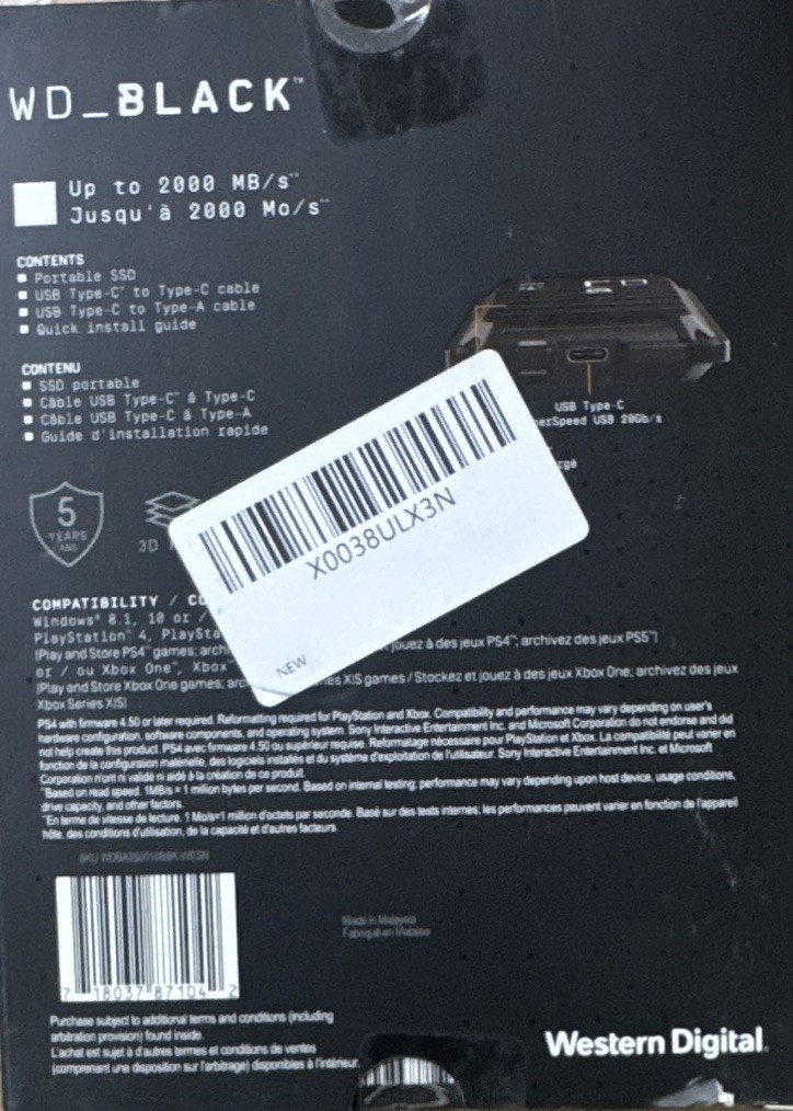 WD Black P50 1TB Game Drive SSD Portable Gaming Up To 2000MB/S