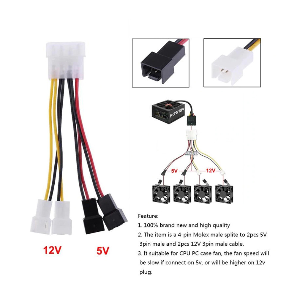 4Pin Molex to 3Pin fan Power Cable Adapter Connector – 2pcs