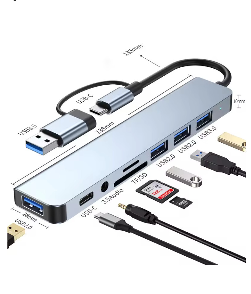 TYPE C ADAPTER 8 IN 1 (TF,SD,AUDIO,USB3.0,USB2.0,USB/C) FOR MACBOOK Laptop/PC